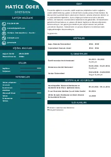 Beslenme Uzmanı Diyetisyen CV Örnekleri cv indir